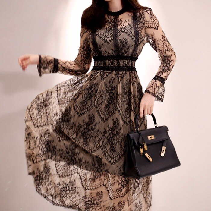 ワンピース 長袖 春 夏 秋 きれいめ ロング aライン フレア フレアスカート 膝下 ミモレ丈 ベルスリーブ ラウンドネック 襟付き スリム 細身 ストレート Aライン レース シフォン 透け感 黒