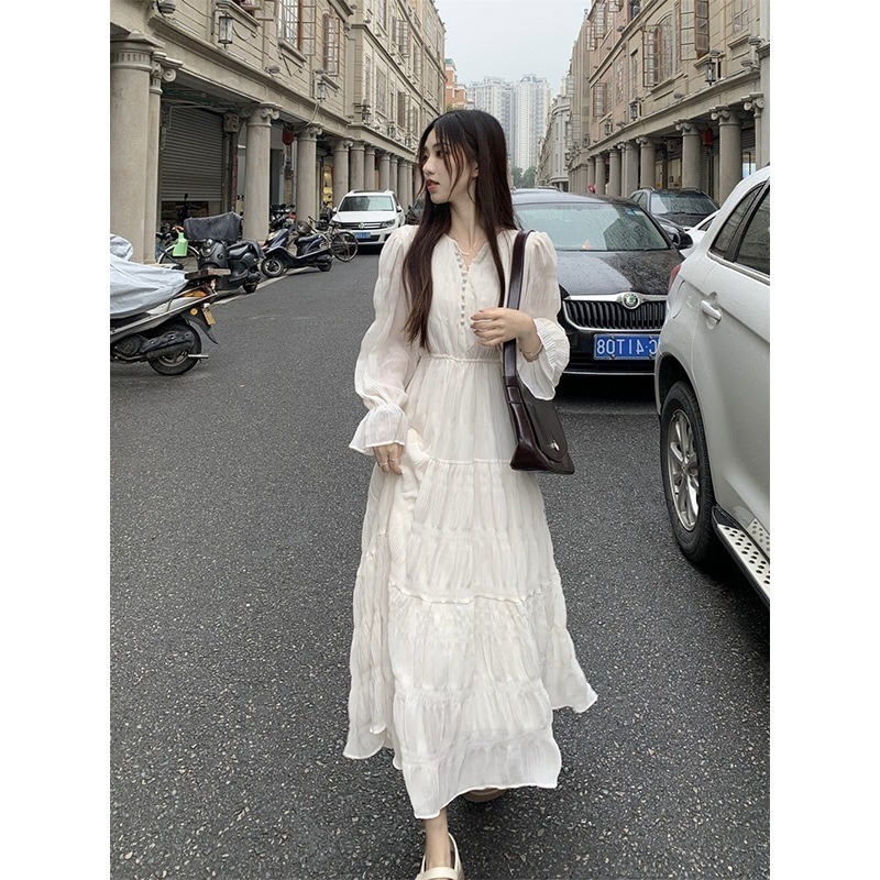 キキョウフレンチアプリコットの女性用長袖ドレス2025年秋新作ハイエンドウエスト痩身ロングスカート