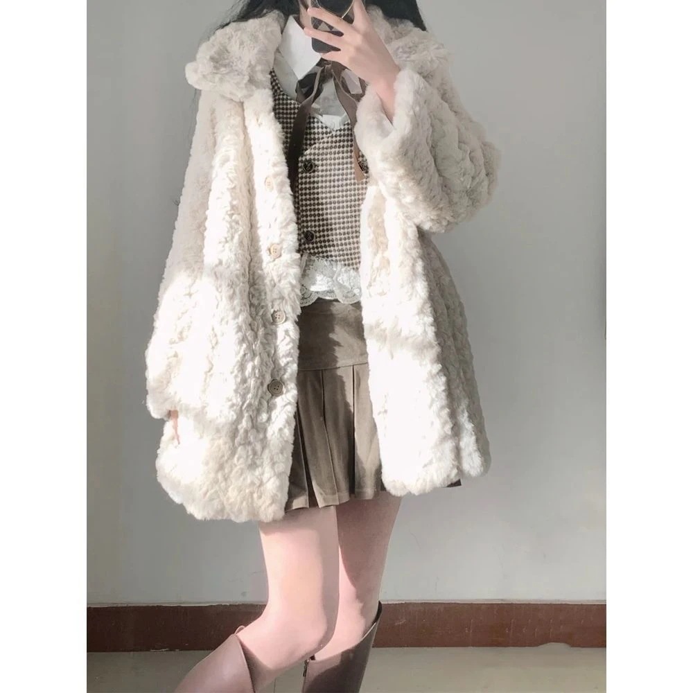 人気アウター 韓国ファッション 24ファッションウサギ毛皮のコート女子中長期厚手保温エコラム毛皮の気質コート