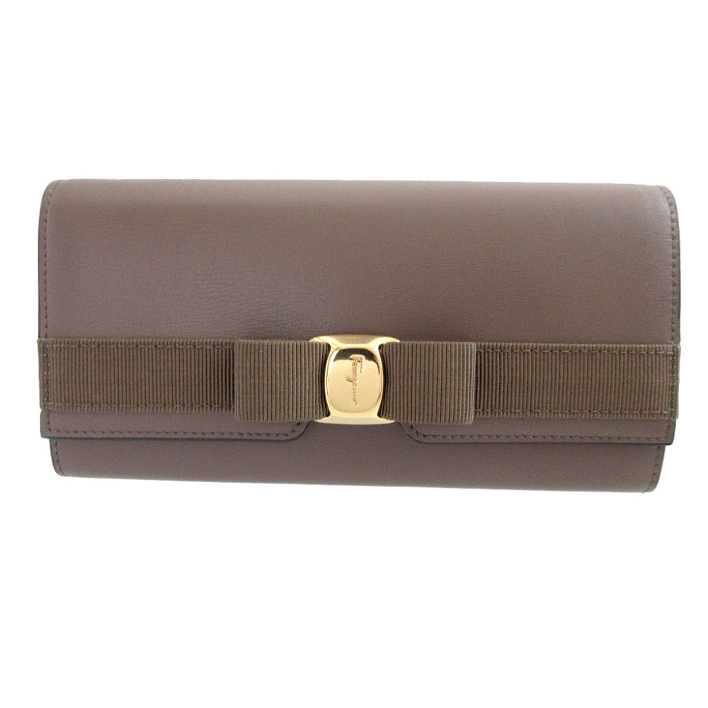 新品同様 サルヴァトーレフェラガモ 2つ折り ヴァラリボン 長財布 レザー/レザー グレー 0502【中古】Salvatore Ferragamo レディース