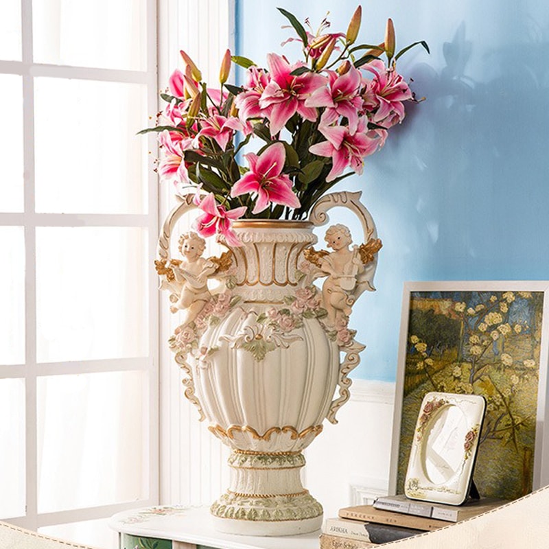 花瓶 持ち手付き ヨーロッパ 西欧 ゴージャス インテリア 大きい リビングルーム ダイニングルーム ホテル ショップ カフェ アンティーク調 花 花束 フラワー 天使 モチーフ 豪華 ゴールド