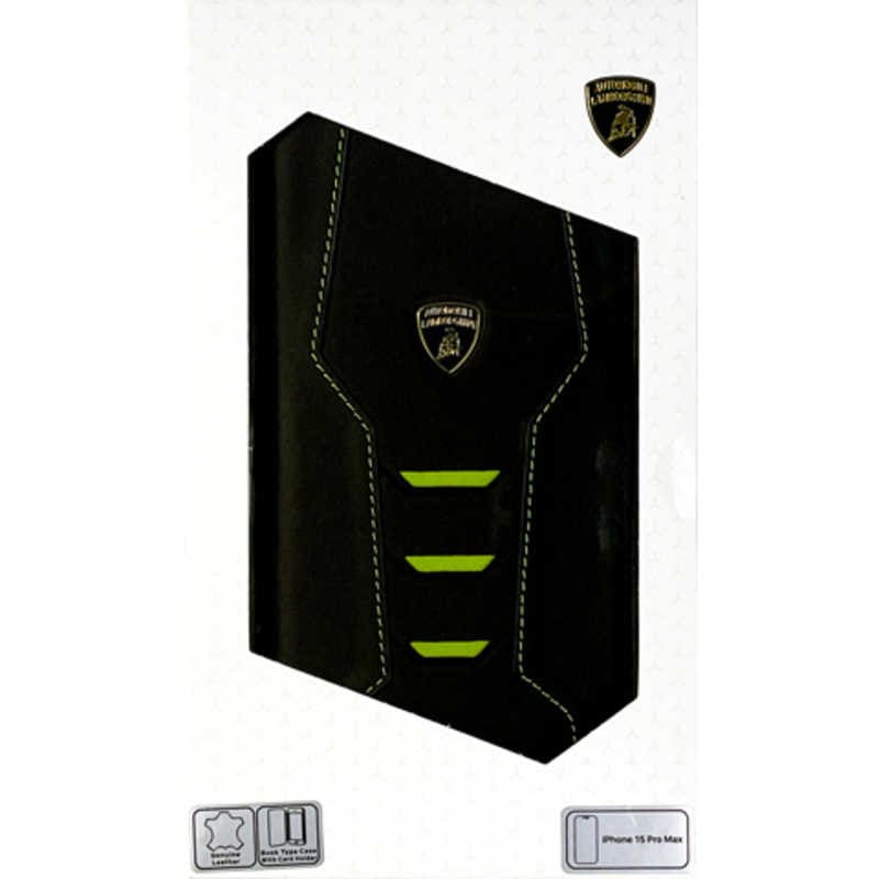 エアージェイ　ランボルギーニ iPhone15 Pro Max用 本革 手帳型ケース グリーン　LBTPUFCIP15PMHUD16GN