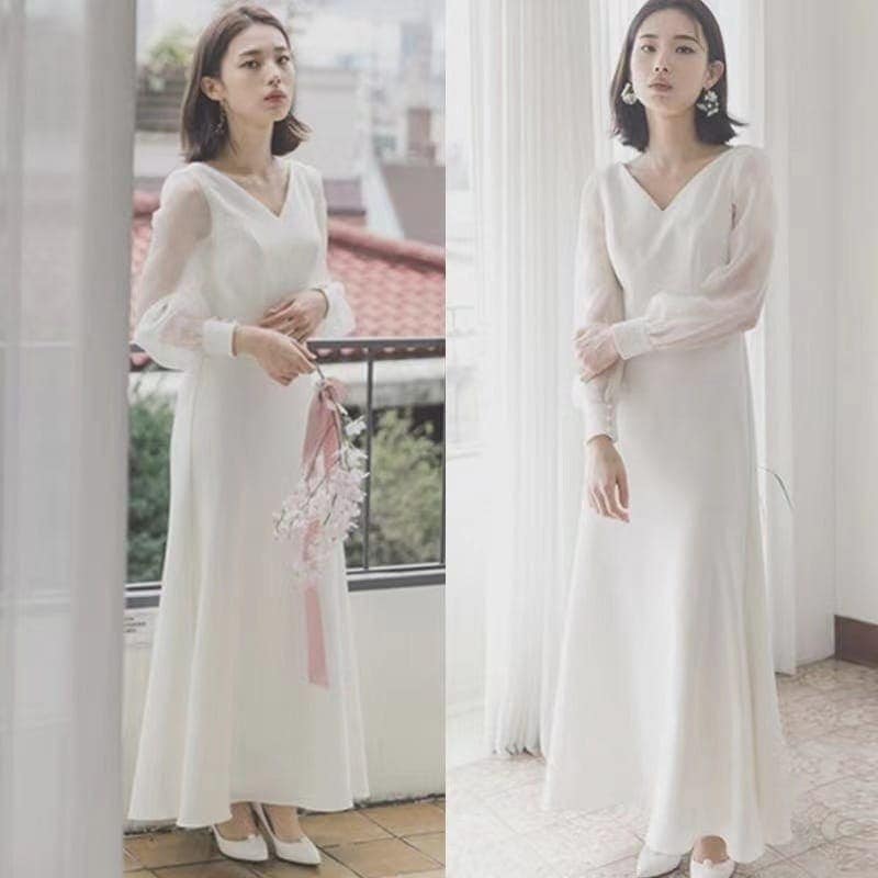 パーティードレス ウェディングドレス 二次会 花嫁 結婚式 Aライン 長袖 ワンピース シンプル ウエディングドレス 安い 白 安い エンパイア 花嫁 フォトウエディング ビー30%までに制限 5,131円