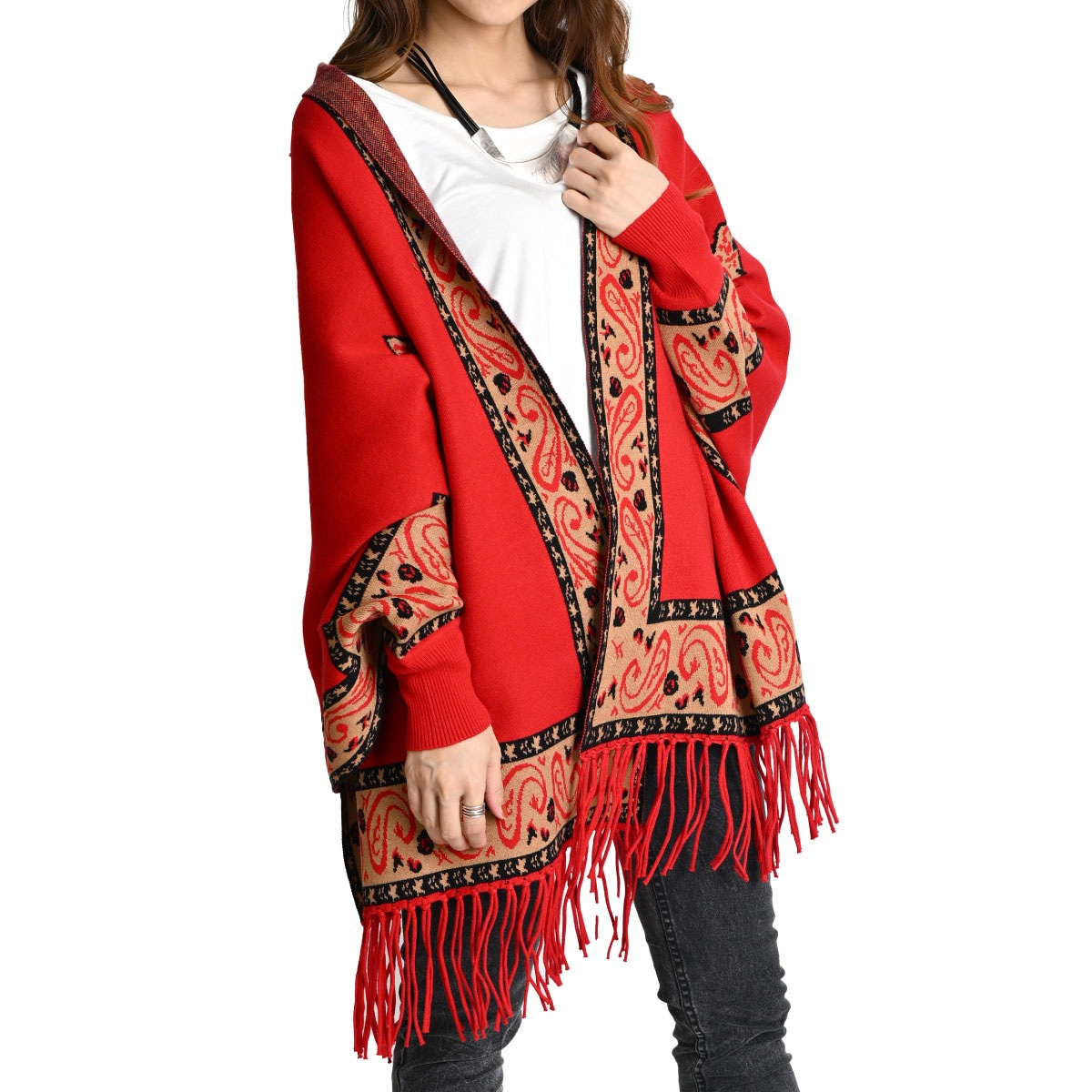 カーディガン 秋 冬 レディース ロングカーディガン コーディガン ニット ロング丈 羽織 長袖 大判 ストール 袖付き ショール ポンチョ ケープ コート 厚手 トップス ペイズリー 柄 大判ストー