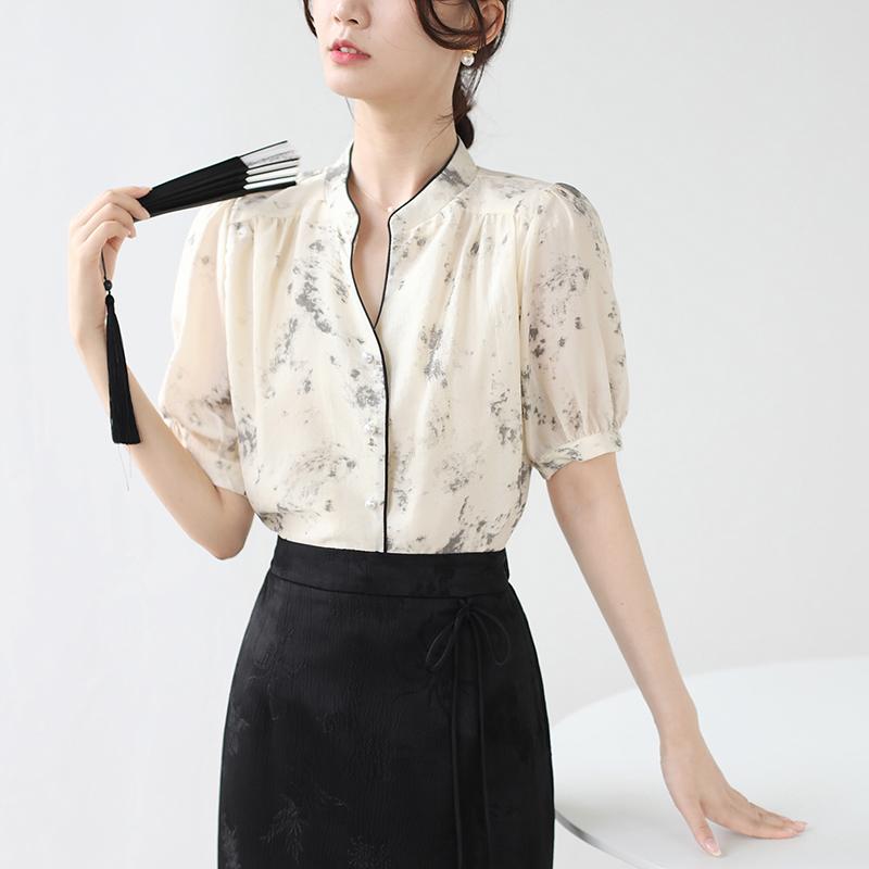 シャツ トップス 立襟 ブラウス レディース 上品 レトロ 水墨柄 ライト レディース 夏 スタンドカラー