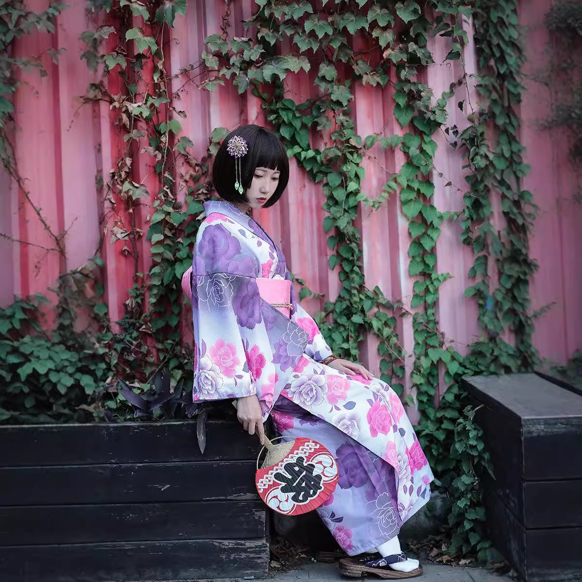 福祉和服正装女性和服女性紫色グラデーション花和服浴衣