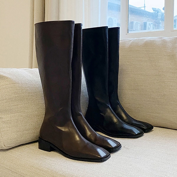 ロングブーツ サイドジップ スクエアトゥ フラット レディース 黒 茶色 ブラック ブラウン