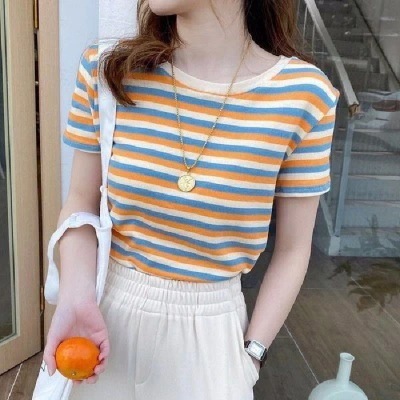女性用 ネット セレブストライプ 半袖 tシャツ 2023 夏 レディース トップ スレディース 韓国風 ボトムスシャツ