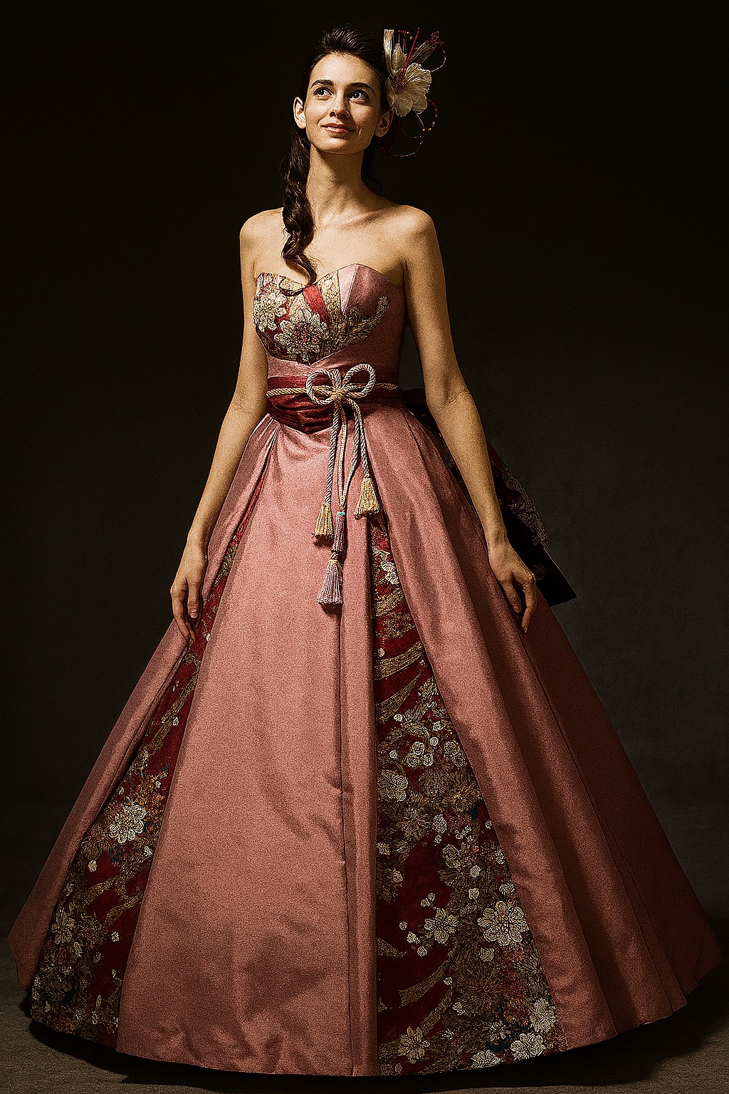 美品！着物ドレス 和ドレス ピンク ベアトップ 花柄モチーフで刺繍が美しい 花嫁 59,880円