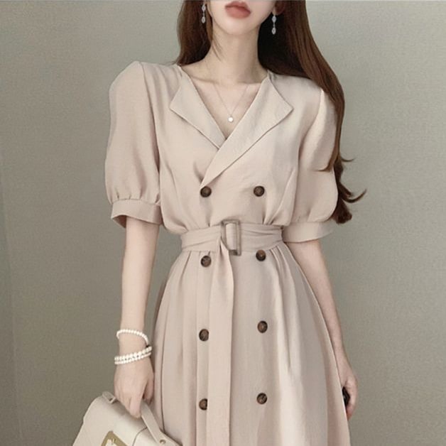 トレンチワンピ ワンピース Aライン 半袖 パフスリーブ ウエストマーク ハイウエスト ダブルブレスト かわいい 大人可愛い きれいめ シンプル カジュアル 大人 上品 おしゃれ フェミニン