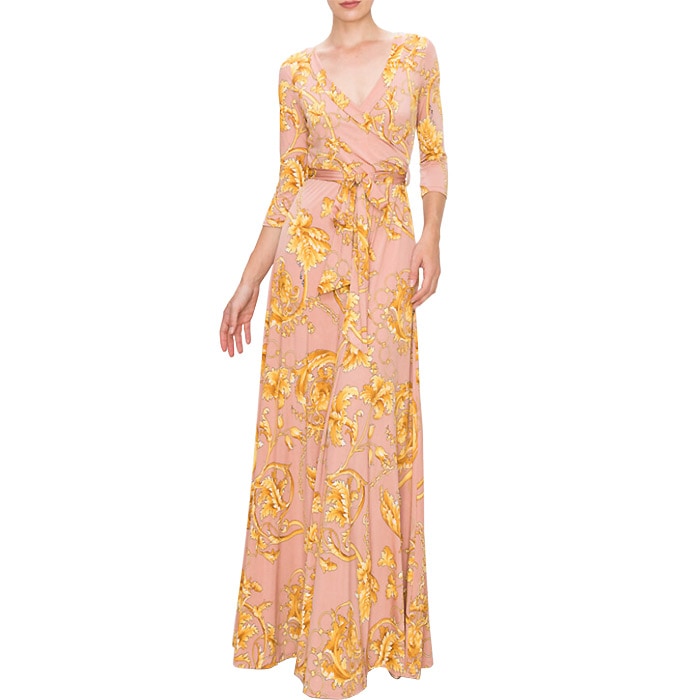 ワンピース マキシ 7分袖 Vネック カシュクール レトロ カラオケ パーティー お出かけ 40代 50代 60代 S.M.L.XL ブラッシュピンクMADE IN USA JN230517LA046