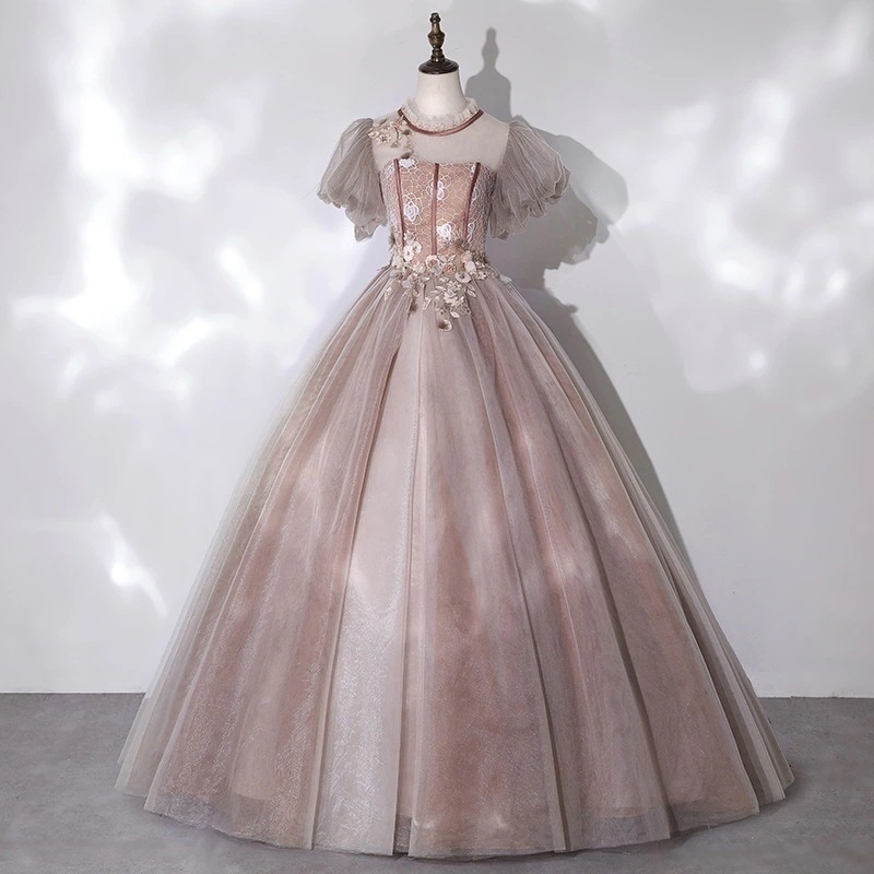 ドレス 二次会　演奏会　発表会　結婚式 ハンドメイド フラワー ワンピース バブル袖 ワンピースレディース 切り替え イレギュラー ドレス ロングワンピース ワンピース ワンピース 結婚式1 2025