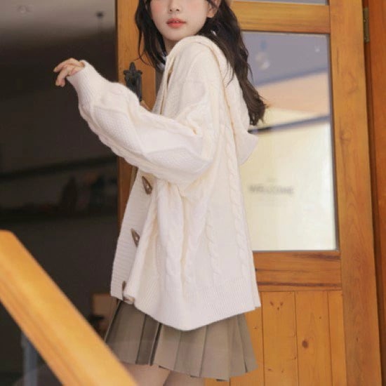 ニットカーディガン レディース カーディガン ニットパーカー 羽織 フード付き ホーンボタン ケーブル編み ニット セーター アプリコット カジュアル お出掛け おしゃれ 秋冬 暖かい