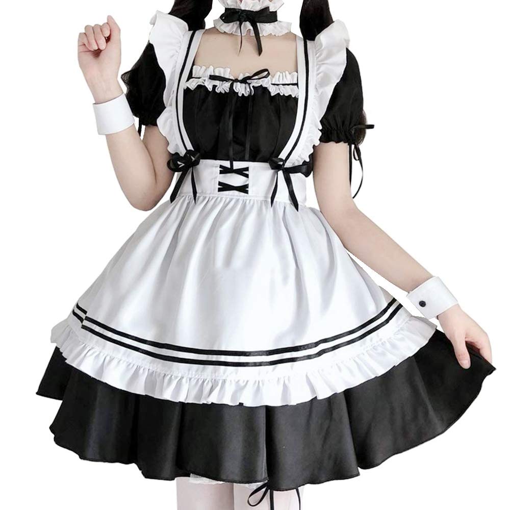 メイド服 コスプレ セット ミニ エプロン 大きいサイズ 黒 ワンピース ロリータ (XL(2L)) 37563