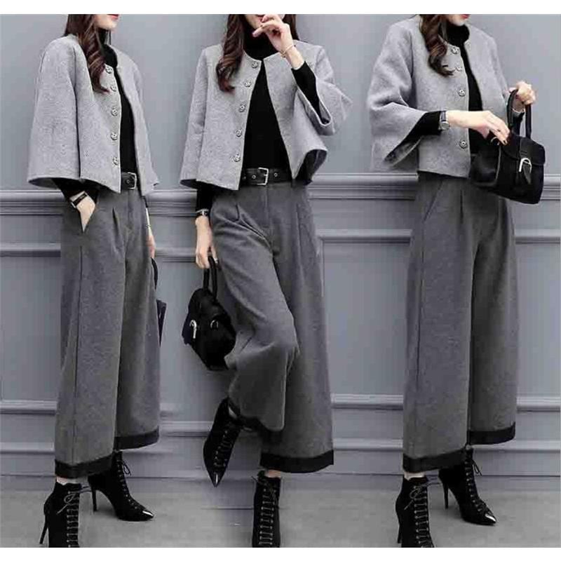 セットアップレディース秋冬スーツジャケット長袖ラシャコート2点セット上下セット春ママスーツゆったりガウチョパンツワイドパンツフォーマル