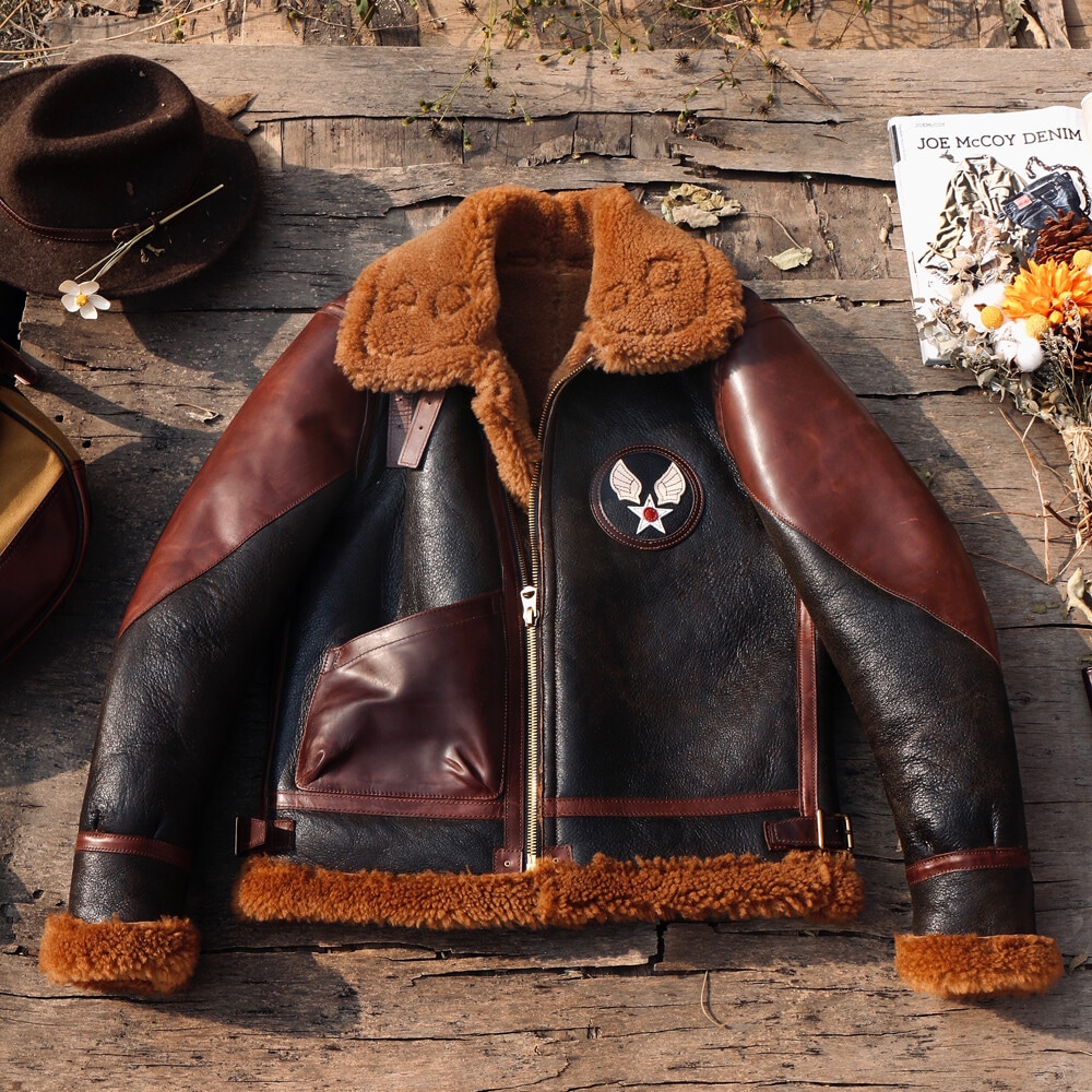 コウイチ　高級ムートン 羊革 ウール 防風 フライトジャケット ライダース 極厚 防寒 革ジャン 毛皮コート XLサイズ/ブラウン