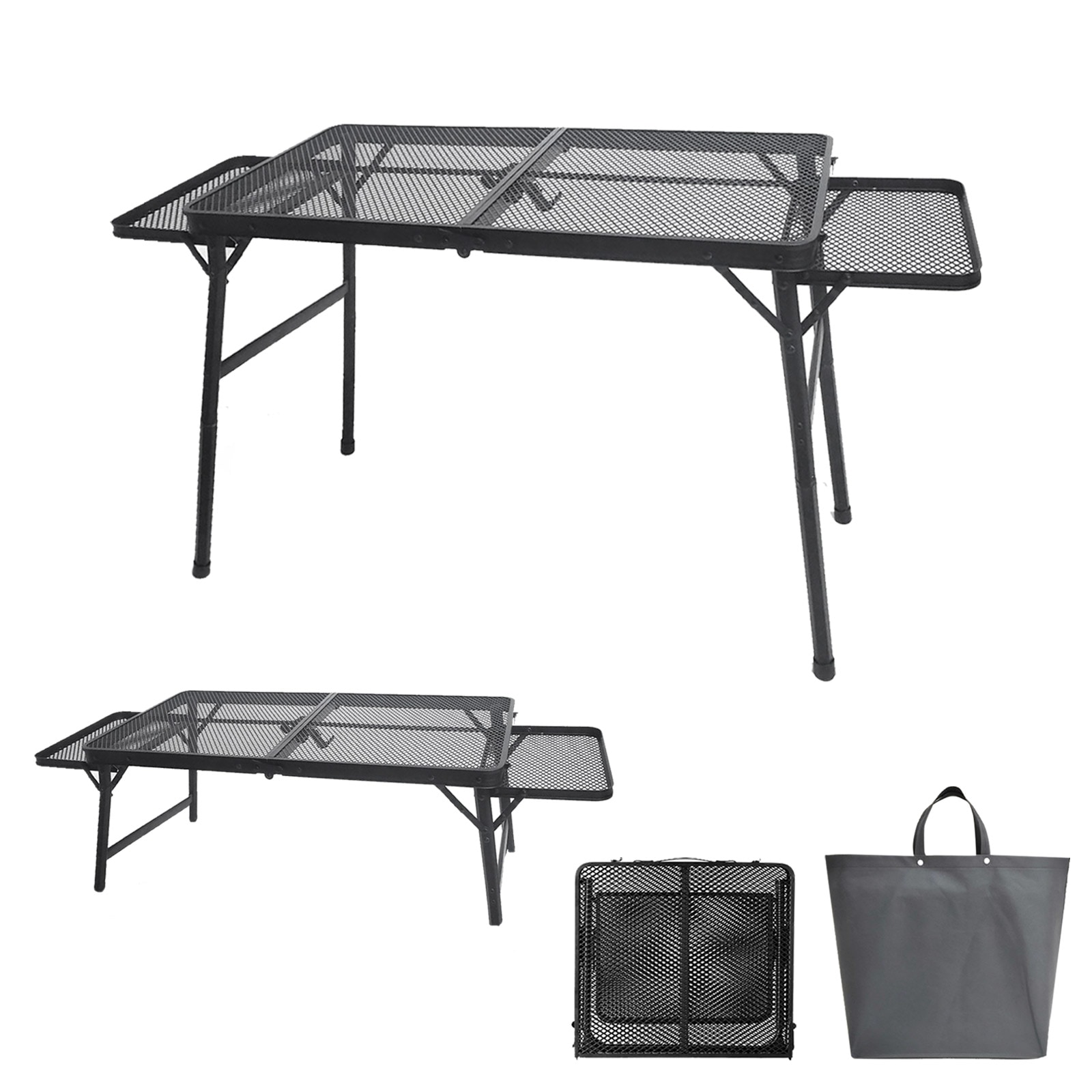 アウトドア テーブル メッシュ 折りたたみ サイドテーブル付き 軽量 高さ2段階 調節 80cm アルミテーブル コンパクト 収納バッグ ブラック 黒 袋付き スチール アルミ アウトドア キャンプ