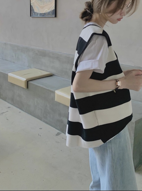 Vネック ボーダー ニット ベスト ユニセックス レディース ラウンドネック 襟なし ワイド オーバーサイズ かわいい 大人可愛い きれいめ おしゃれ ラフ 合コン 体型カバー S M L XL