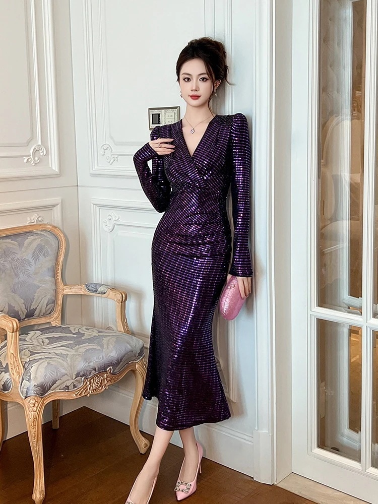 二次会 ウェディング 成人式 メガ割 キャバ パーティー 結婚式 スリム ドレス vネック セクシー 秋冬 同窓会 キラキラ 大人 披露宴 卒業式 5,398円