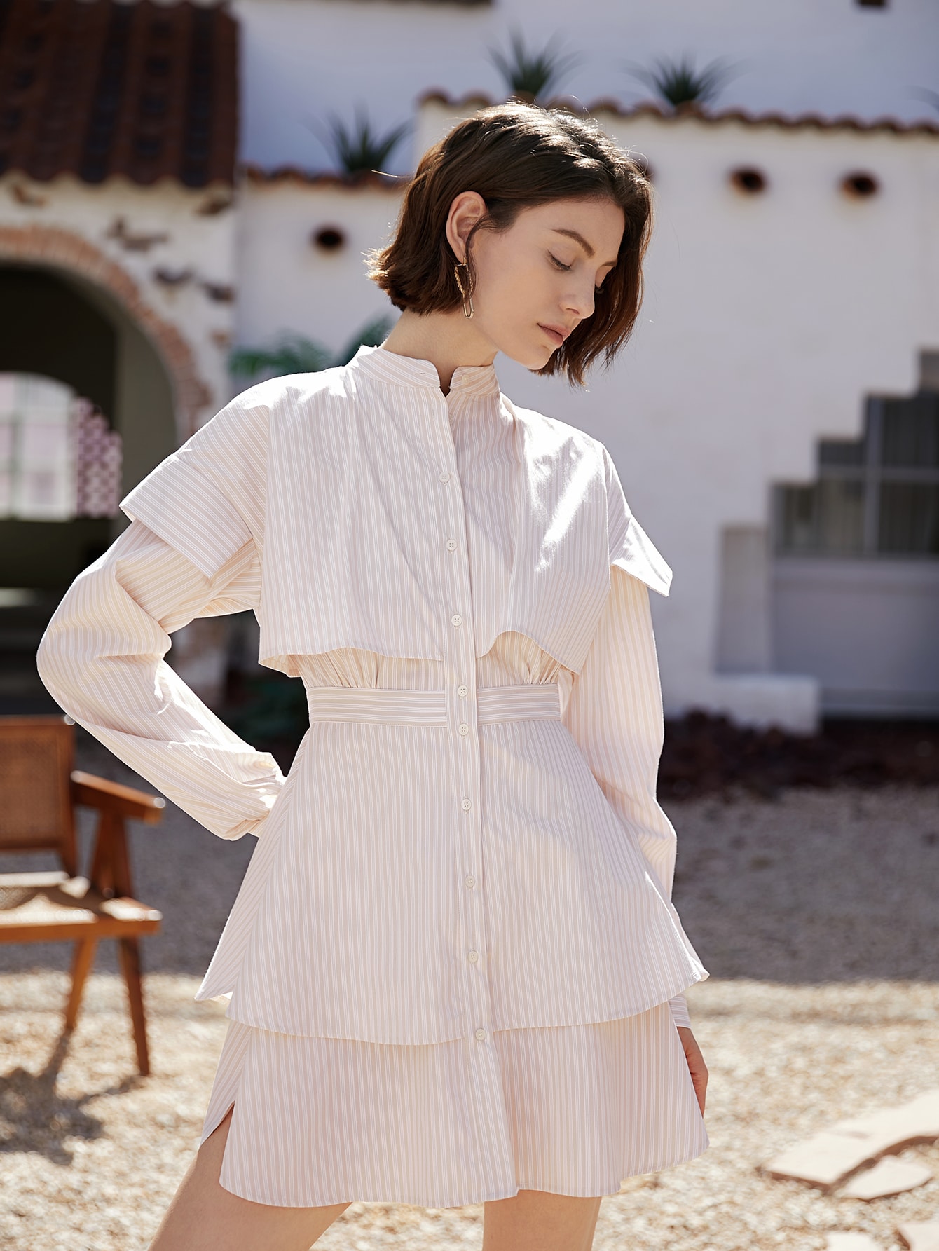 縞模様プリント モックネック レイヤーヘム シャツドレス