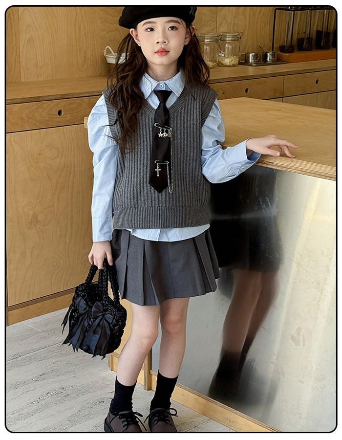 子供服 女の子 セットアップ キッズ スーツ フォーマル 入学式 卒業式 発表会 七五三 女の子 スーツ 学生 長袖シャツ+ニットベスト+スカート+ネクタイ 4点セット 誕生日 パーティー イベント