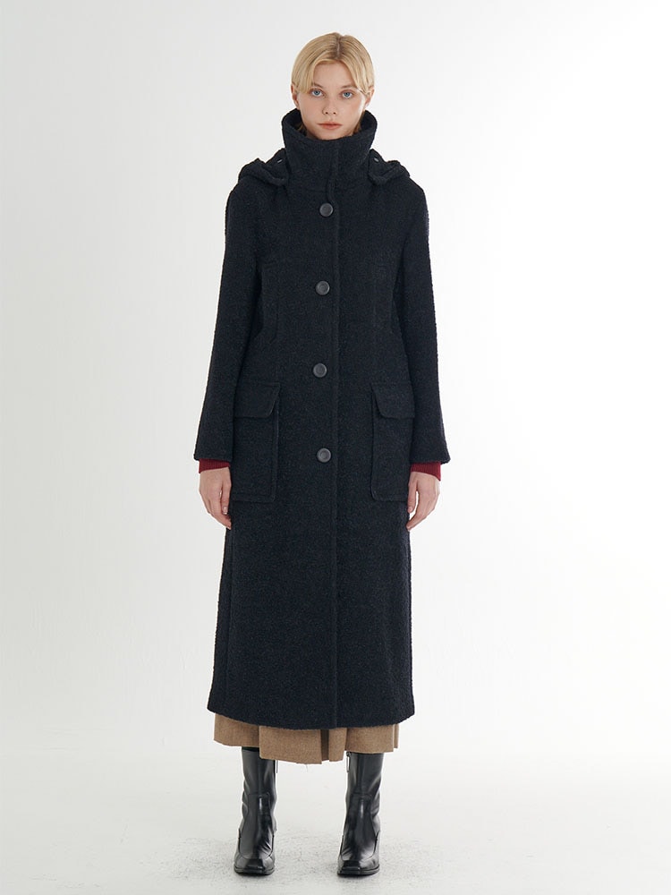 프리미엄 모헤어 알파카 블렌딩 후드 탈부착 포켓 디테일 롱코트_블랙