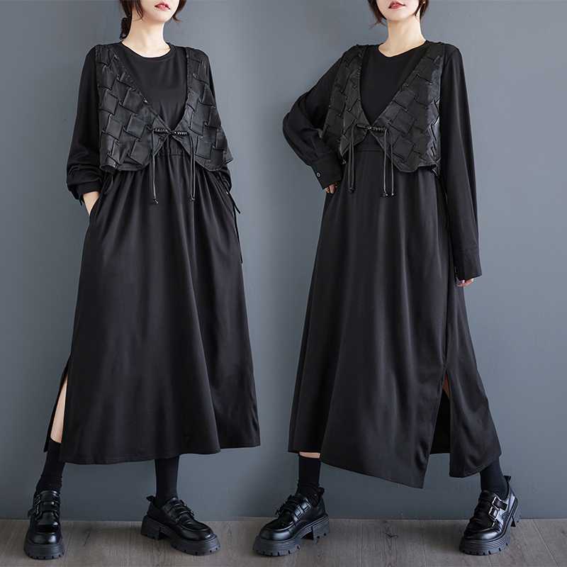 「ファットガール」 2024秋新品 ベストドッキング ロングワンピース 大きいサイズ 体型カバー 中華風 レディース チャイナ ワンピース メガ割30%までに制限