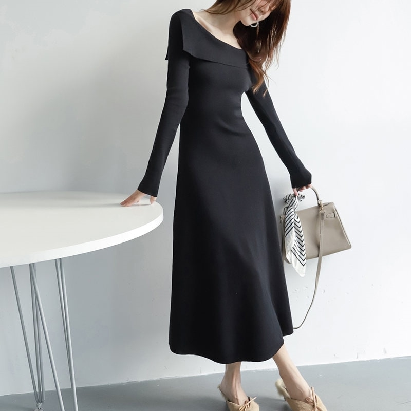 ワンピース ニット ボートネック 襟付き 長袖 Aライン フレアスカート ミモレ丈 ロング丈 きれいめ シンプル 大人 上品 おしゃれ お洒落 セクシー 春 秋 冬 レディース お出かけ 休日