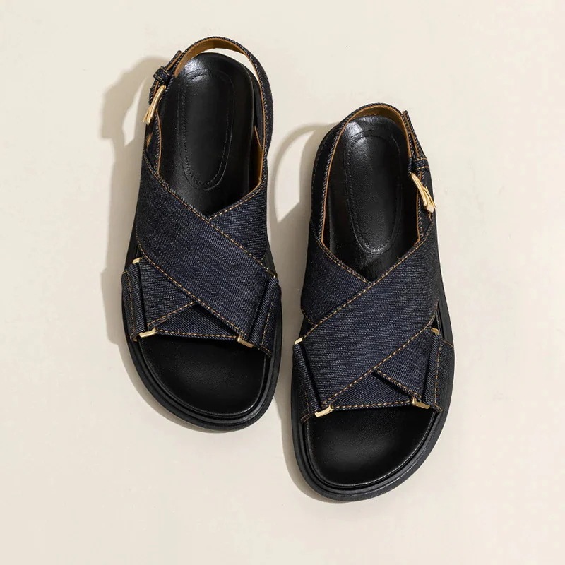 デニムクロスベルト厚底スポーツファッションサンダル新型夏ローマフラットサンダル 5,226円