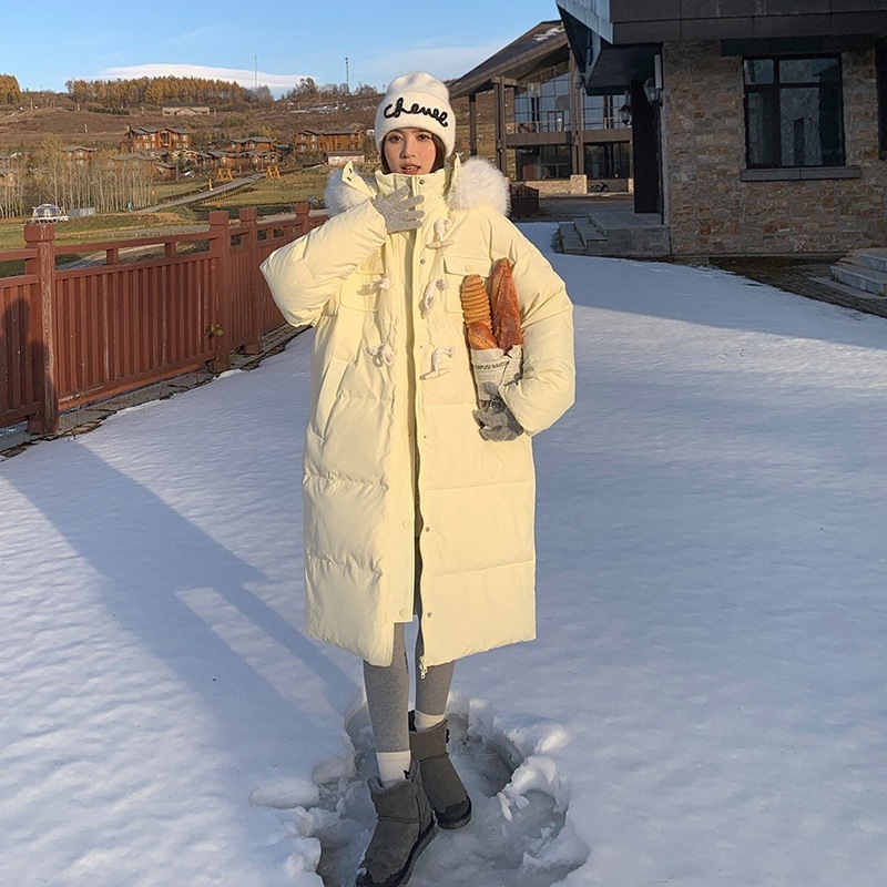 冬の女性用ミルクイエローホーンボタンダウンジャケット韓国ミッドレングス膝丈90ホワイトダックダウン肥厚ジャケットトレンディ