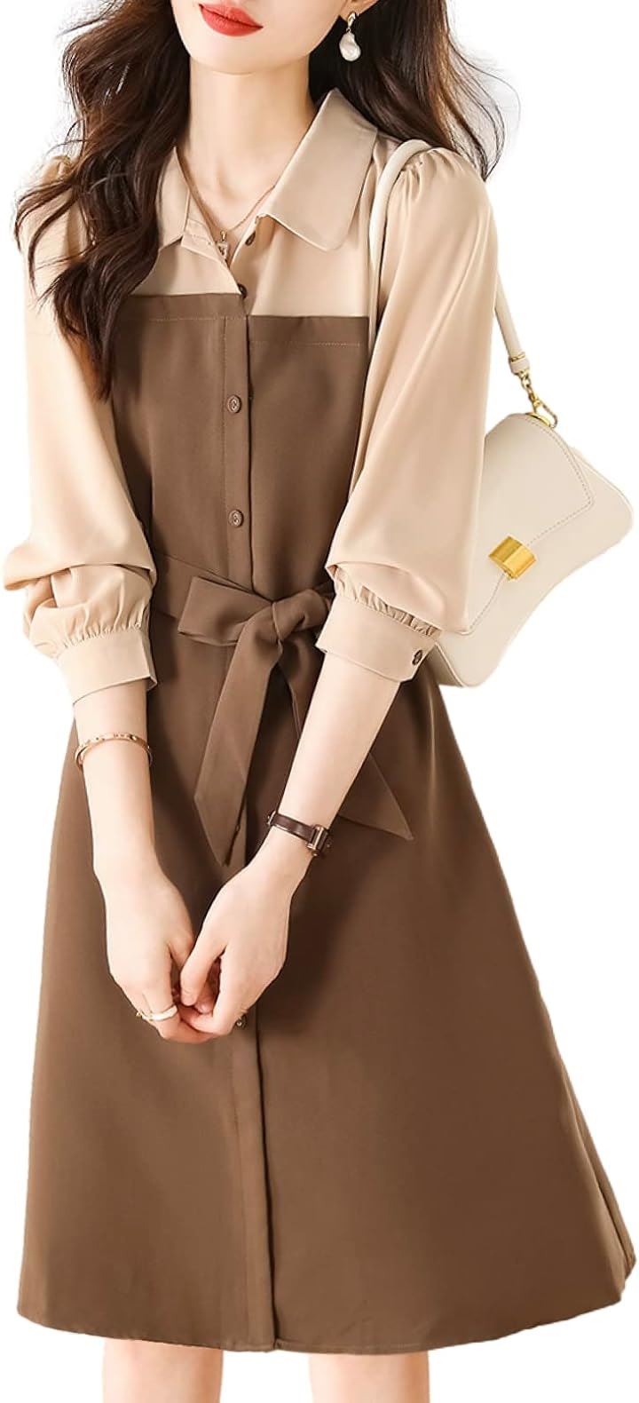 ワンピース アシンメトリー 切り替えワンピース 膝下丈 長袖 レディース( ブラウン, 2XL)