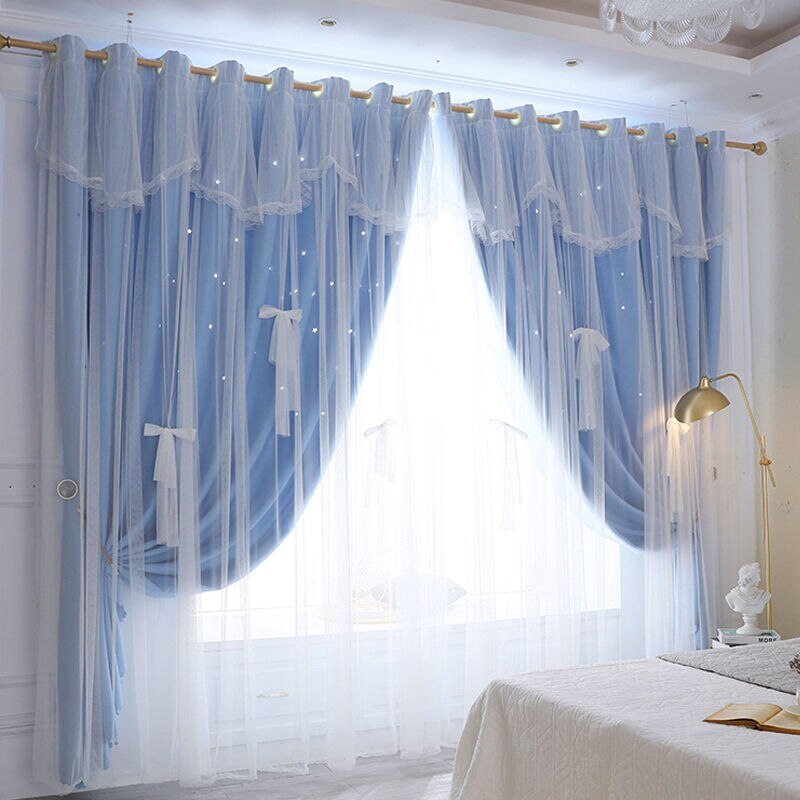 ヤーンプリンセススタイルのベッドスターカーテンシンプルな女の子のリビングと2層の遮光カーテンパンチのないフローティングカーテン
