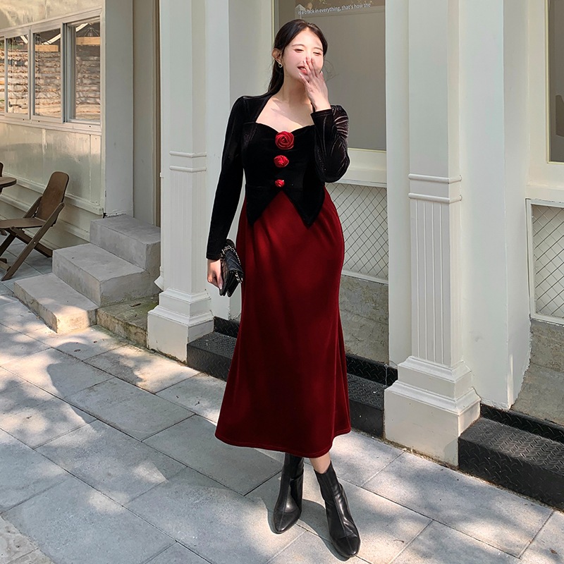 【ぽちゃまに】 大きいサイズ XL-5XL 秋冬 ベルベット ワンピース 新年 フランス風 レトロ 高級感 ドッキング ロングワンピース フォーマル パーティー メガ割