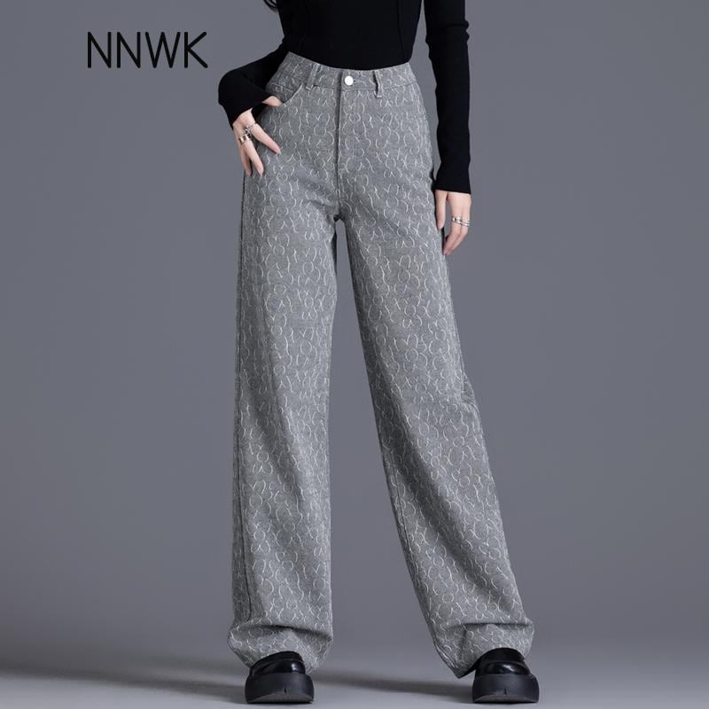 デニムパンツ レディース ボトムス ジーンズ フラワージャガード ワイド ストレート グレー