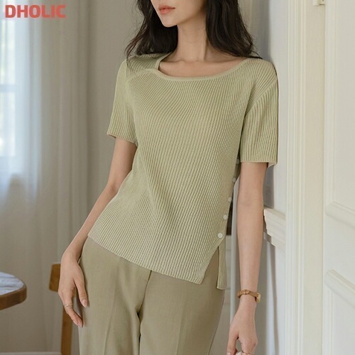 [メガ割りSALE]サイドボタンスリットリブ半袖ニット