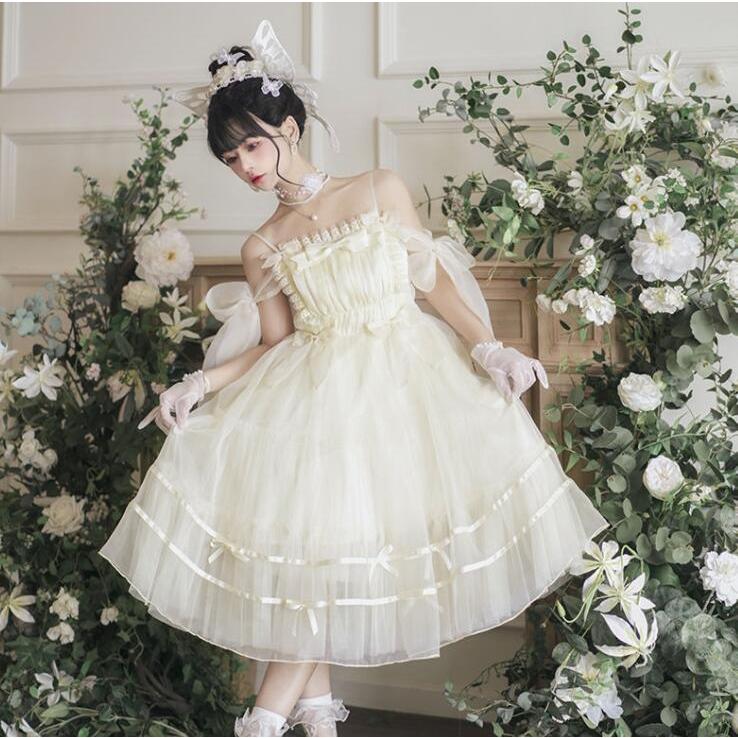 ロリータ ワンピース ジャンパースカート ストラップ お姫様 ゴスロリ ロリータ ドレス ミモレ丈 ロング丈 チュチュかさね ふわんり 可愛い Lolita ネックレス付30%までに制限