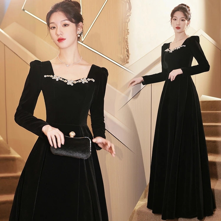 イブニングドレス 黒 ベロア ベルベット ロングドレス 成人式ドレス 同窓会 ブラック 結婚式ドレス お呼ばれドレス 二次会ドレス ワイン赤 発表会ドレス ロング Aライン 長袖 ラインストーン キラ 6,613円