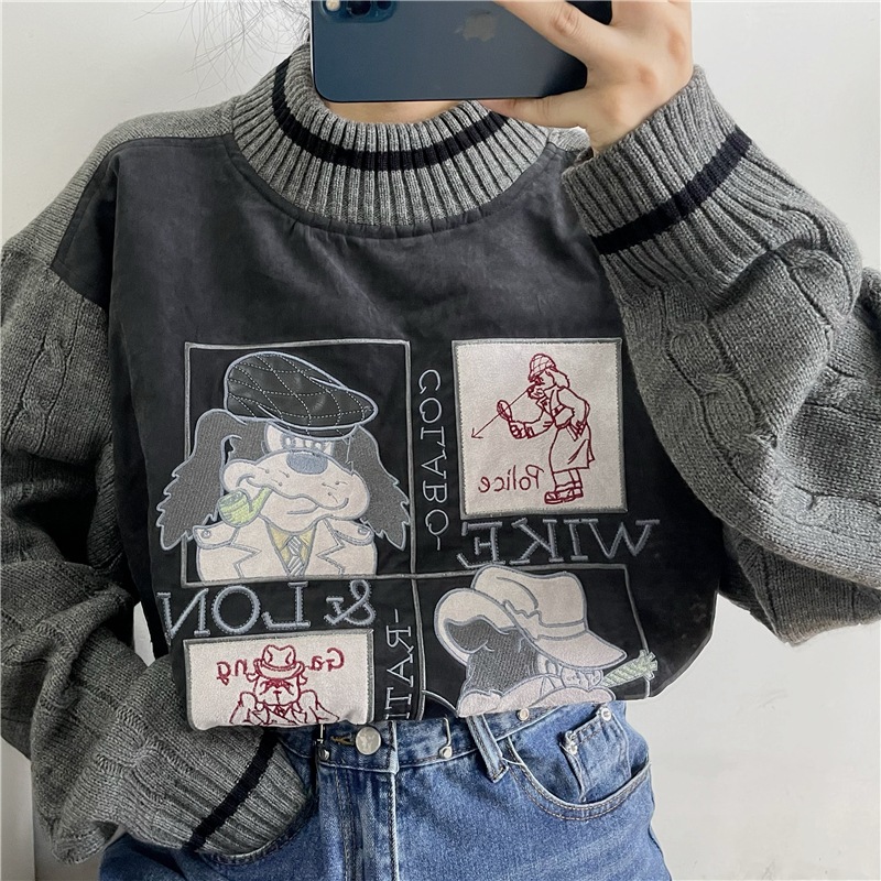 ニットセーター レディース 人気 刺繍 カトゥーン 韓国 クルーネックニット トップス ゆったり