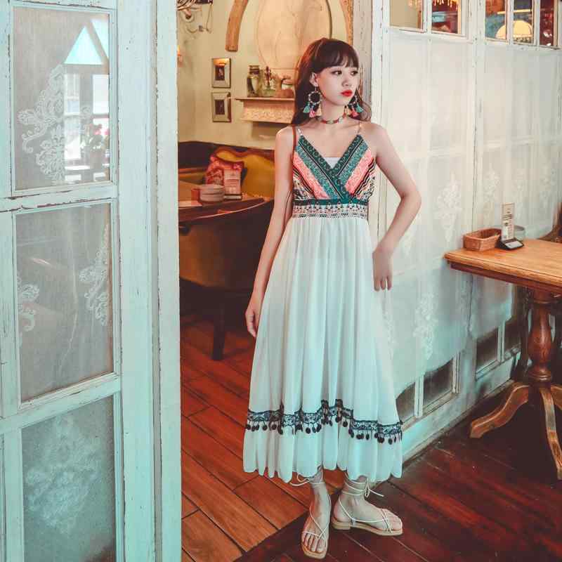 ワンピース 旅行 写真撮影 ホリデー ドレス レディース 夏 レトロ エスニック プリント シフォン スイング サスペンダー スカート ワンピ 個性的 カジュアル リゾート ロング