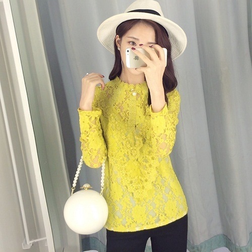 2041.Vラインデザインフリルレーストップス(イエロー)