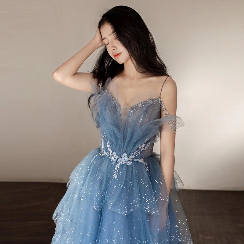 ブルーアート試験イブニングドレス2025重工業サスペンダーホスティングパフォーマンススリム誕生日パーティードレスワンピースドレスその他 ワンピースドレス