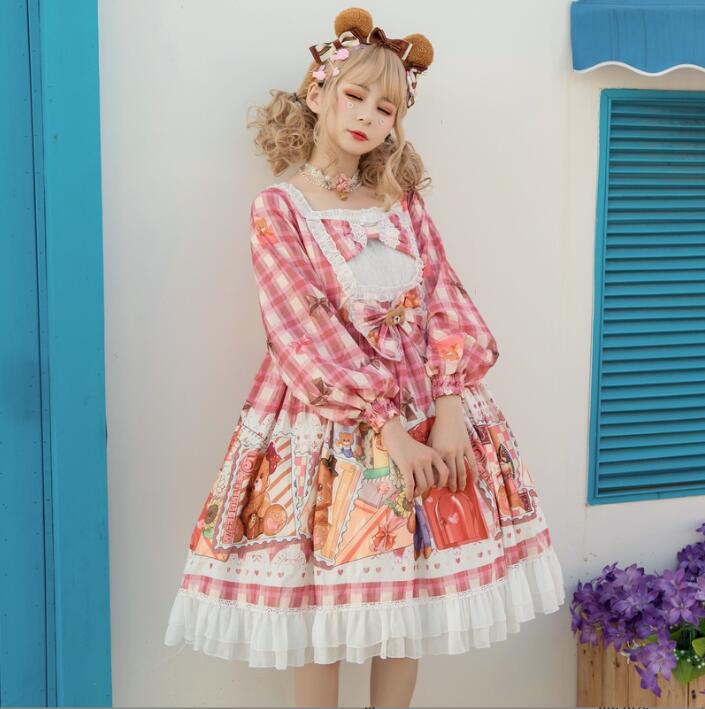 【超人気商品】ワンピース レディース ロリータドレス 長袖ゴスロリドレス　チェック柄　クマプリント 可愛いロリータワンピース　Lolita チュール リボン　フレア 膝丈 コスプレ メイド服 姫様 魔
