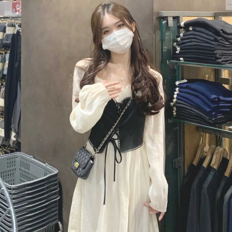 韓国デザイン秋冬新作可愛いガーリーシンプルスクエアネックワンピース