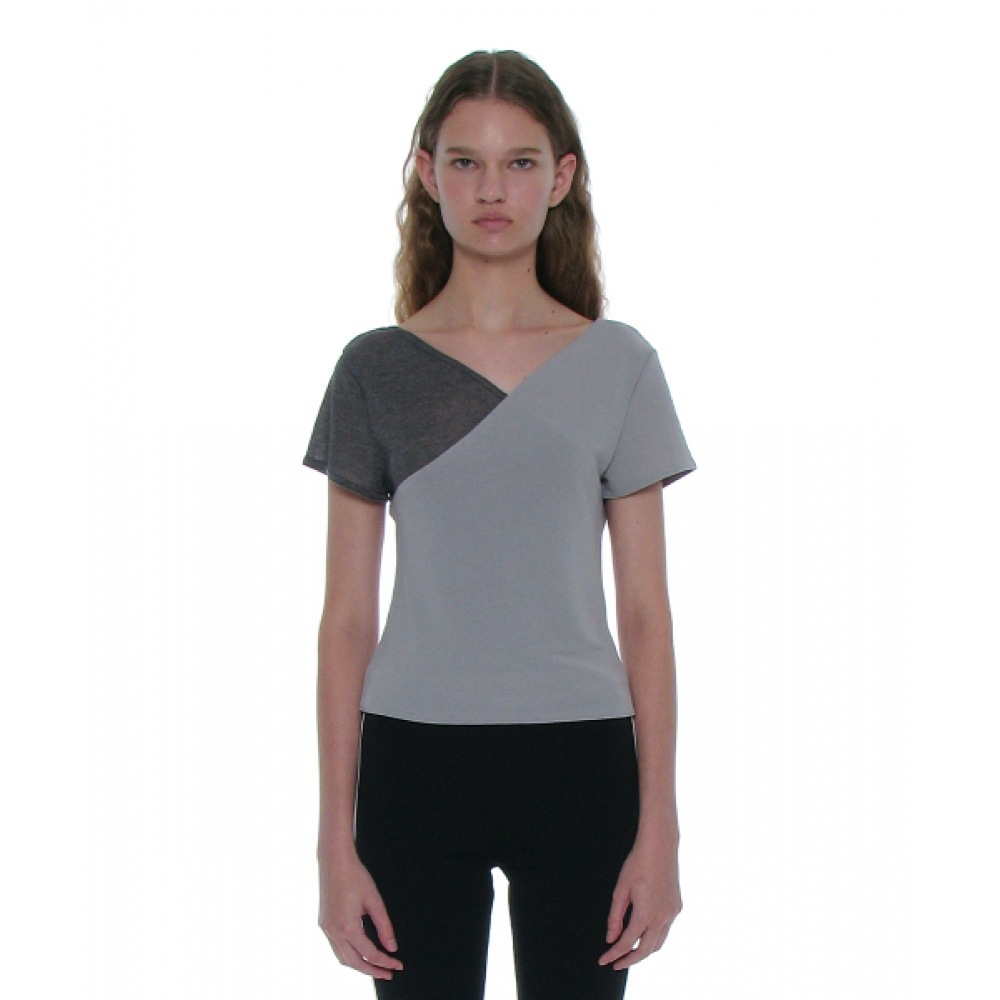 PARTIMENTO 女性用ディテール付きクロスオーバー半袖Tシャツ_ライトグレー