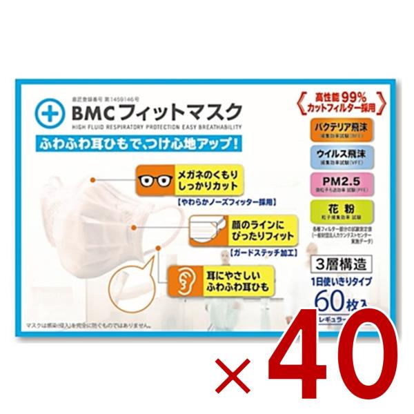 BMC フィットマスク レギュラー 60枚入 1日使い切りタイプ ビーエムシー ふつうサイズ 不織布マスク 耳が痛くなりにくい 40個