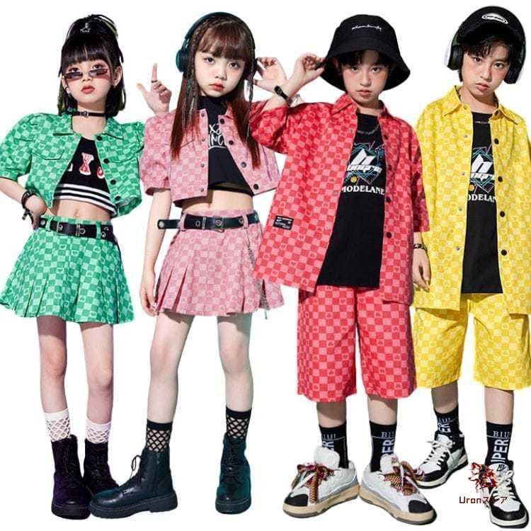 [新品入荷]キッズダンス 衣装 チェック セットアップ ピンク レッド イエロー グリーン 四色 トップス スーツ 短パン スカート 韓国 ステージ衣装hiphop おしゃれ 子供服 5,742円