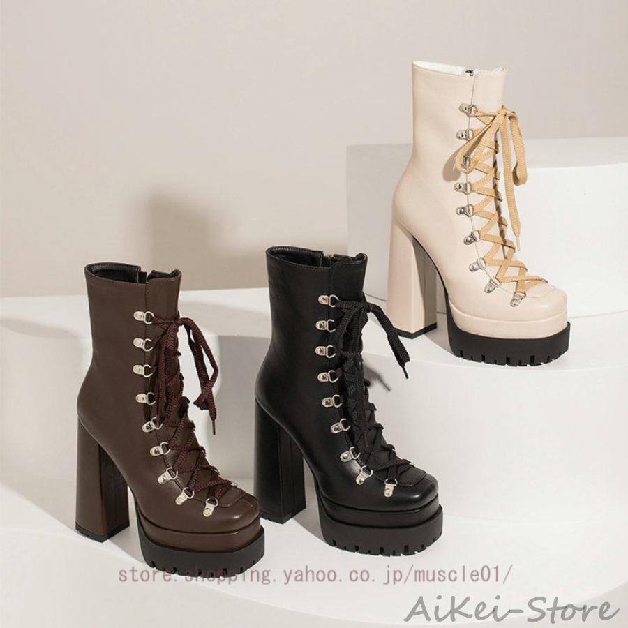 ショートブーティー レディース 厚底ブーツ 太ヒール 秋冬 編み上げブーツ サイドジップ 袴ブーツ ハイヒー ル プラットフォーム 美脚 超軽量 ショートブーツ
