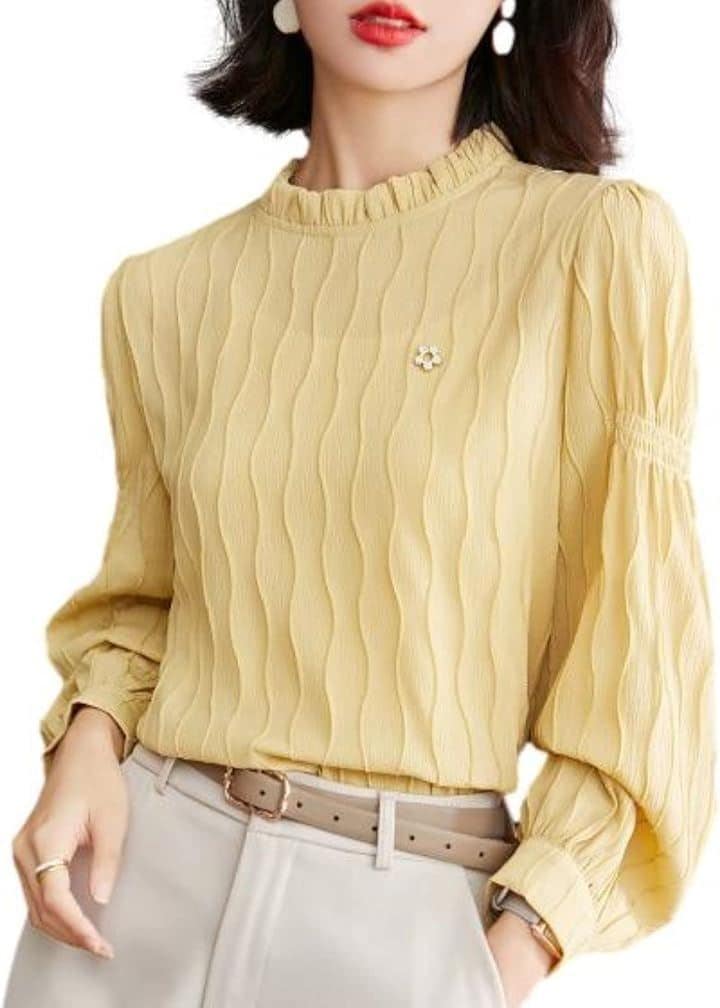 波柄ブラウス ミニブローチ付き 凹凸生地 デザイン袖 フリルネック パフスリーブ 長袖 レディース(イエロー, XL)