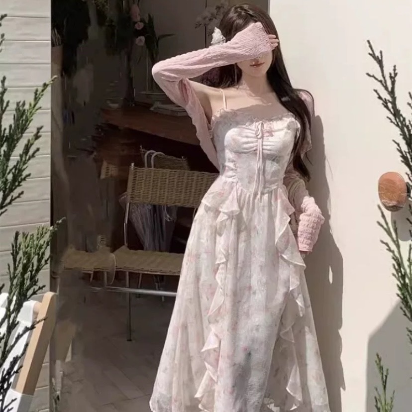 レディース スカート ワンピース カーディガン 膝下 ロング ノースリーブ 長袖 セミフレア シフォン フリル ハイウエスト 前開き 透け感 大人可愛い きれいめ 上品 おしゃれ こなれ感 ガーリー