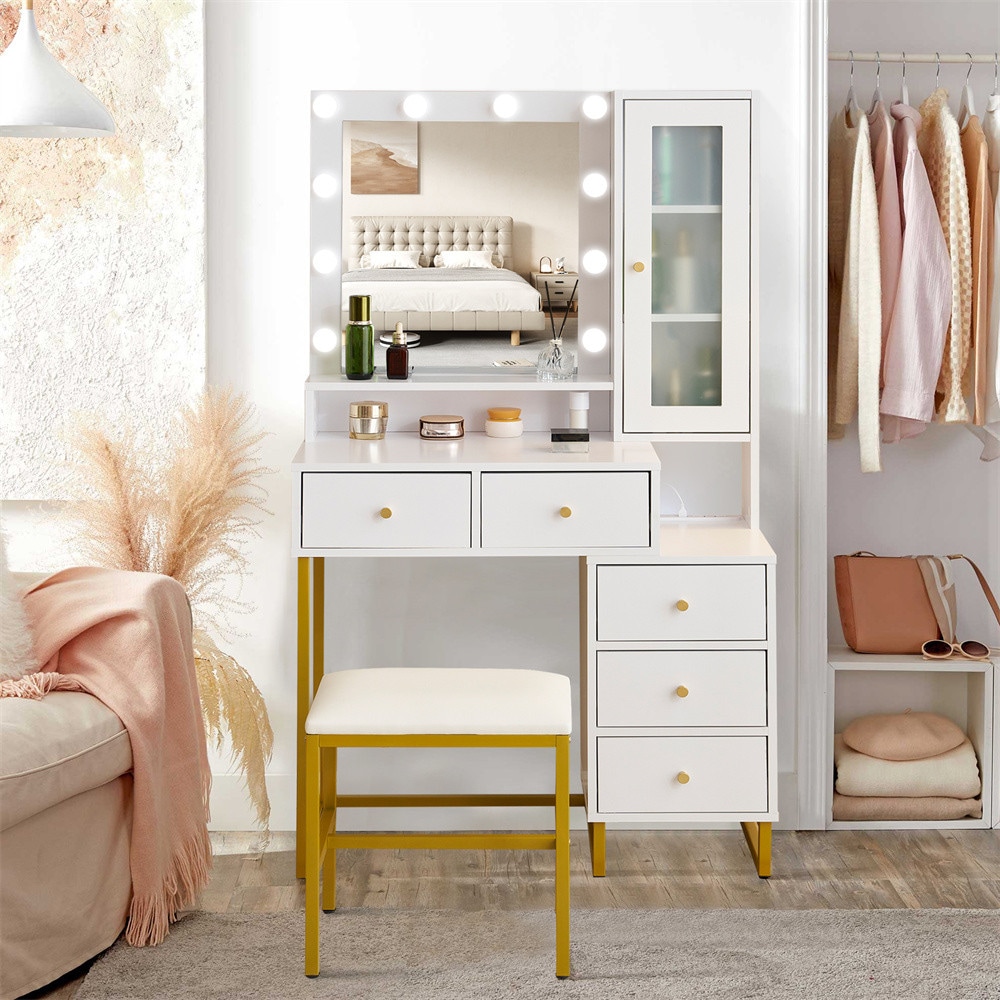 ドレッサー 化粧台 テーブル 鏡台 ライト付き コンセント付き 3色LED 女優ミラー 引き出し